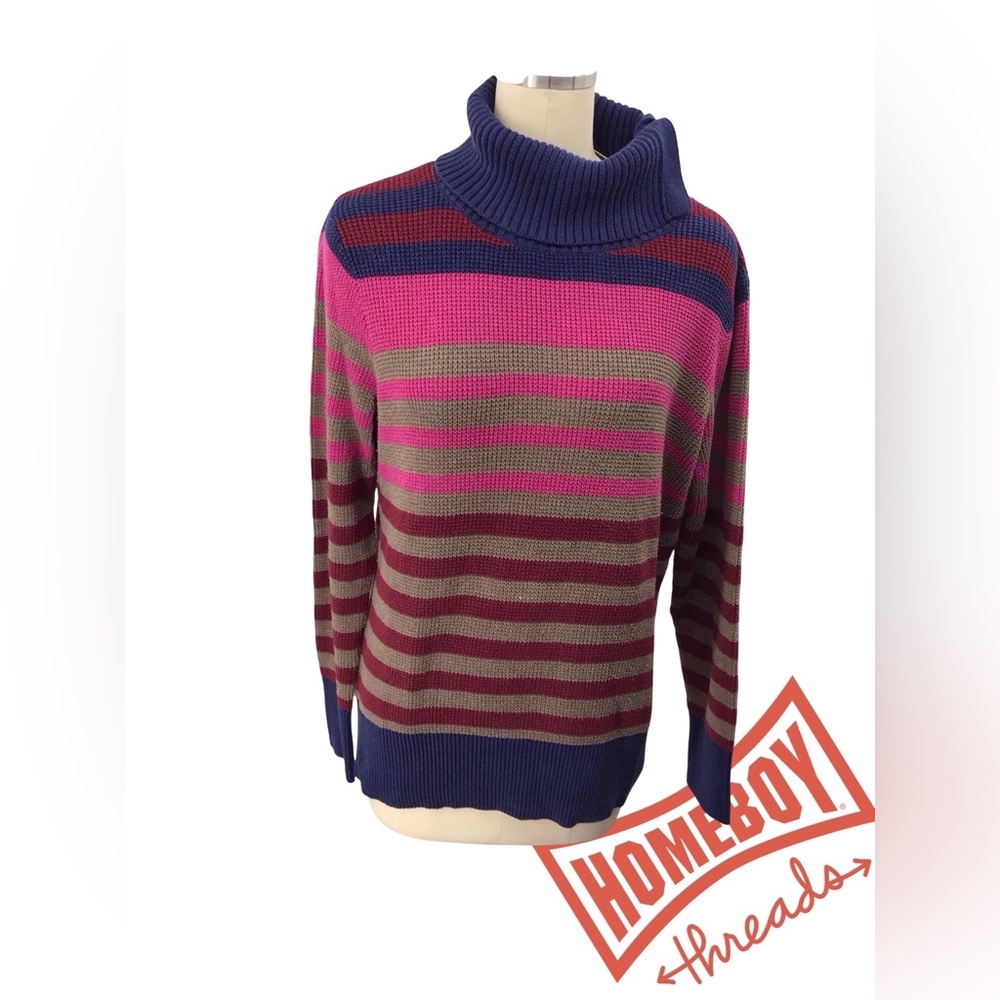 Eddie Bauer Women's Cowl Neck Sweater - Pink, Blue, and Brown Stripes